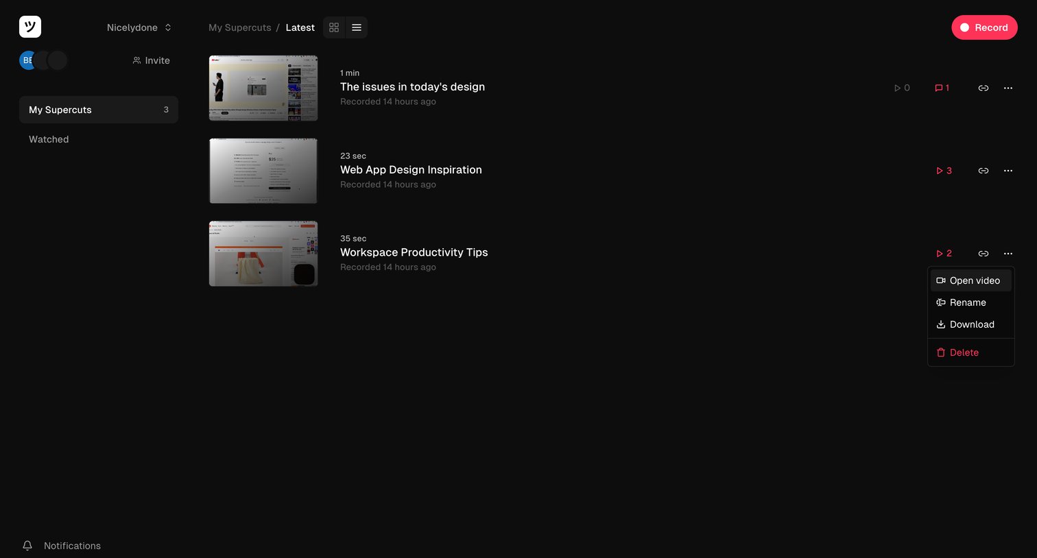 Supercut - Workspace screen