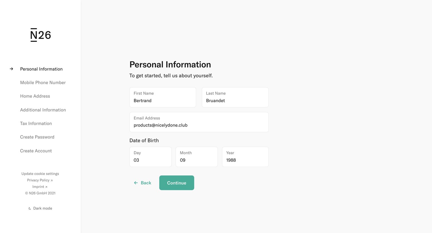 N26 - Personal Information — N26 screen