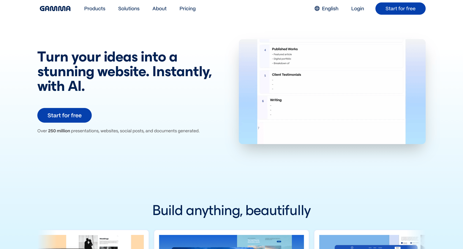 Gamma - Gamma for Websites | Fast, AI-driven Engaging Websites  Gamma screen