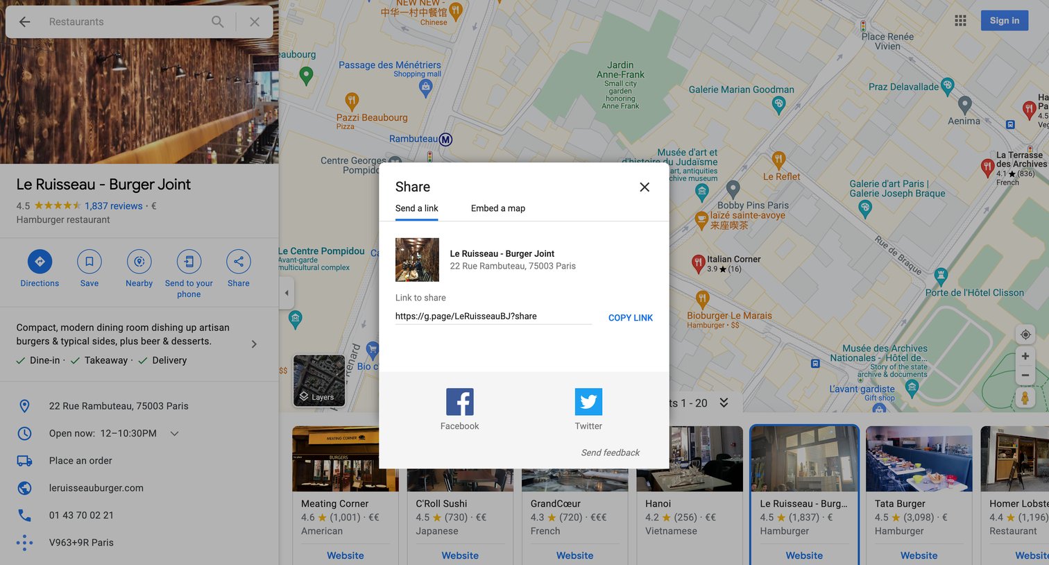 Google maps - Le Ruisseau - Burger Joint - Google Maps screen