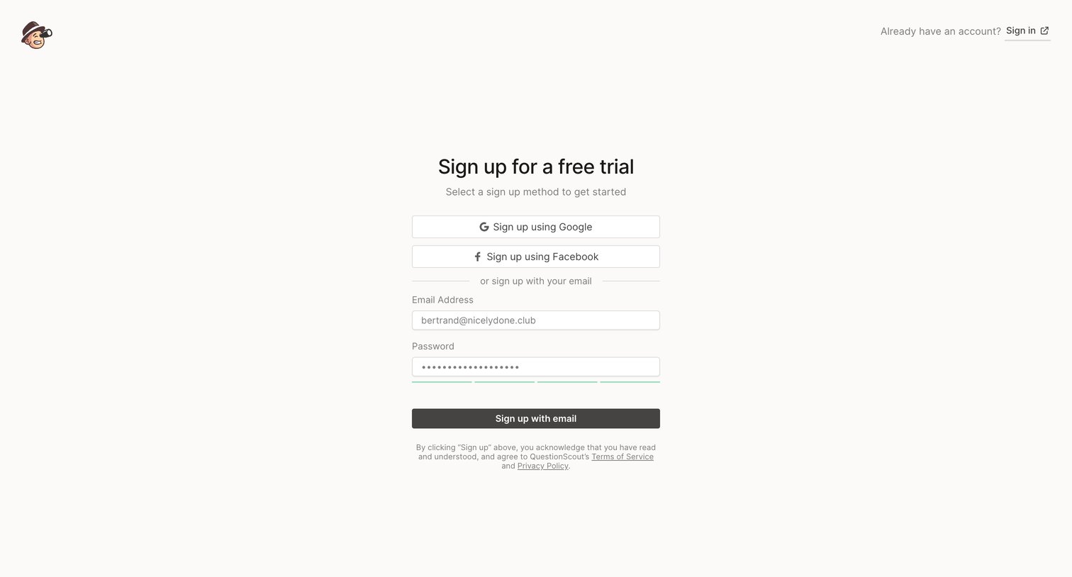 QuestionScout - Signup - QuestionScout screen
