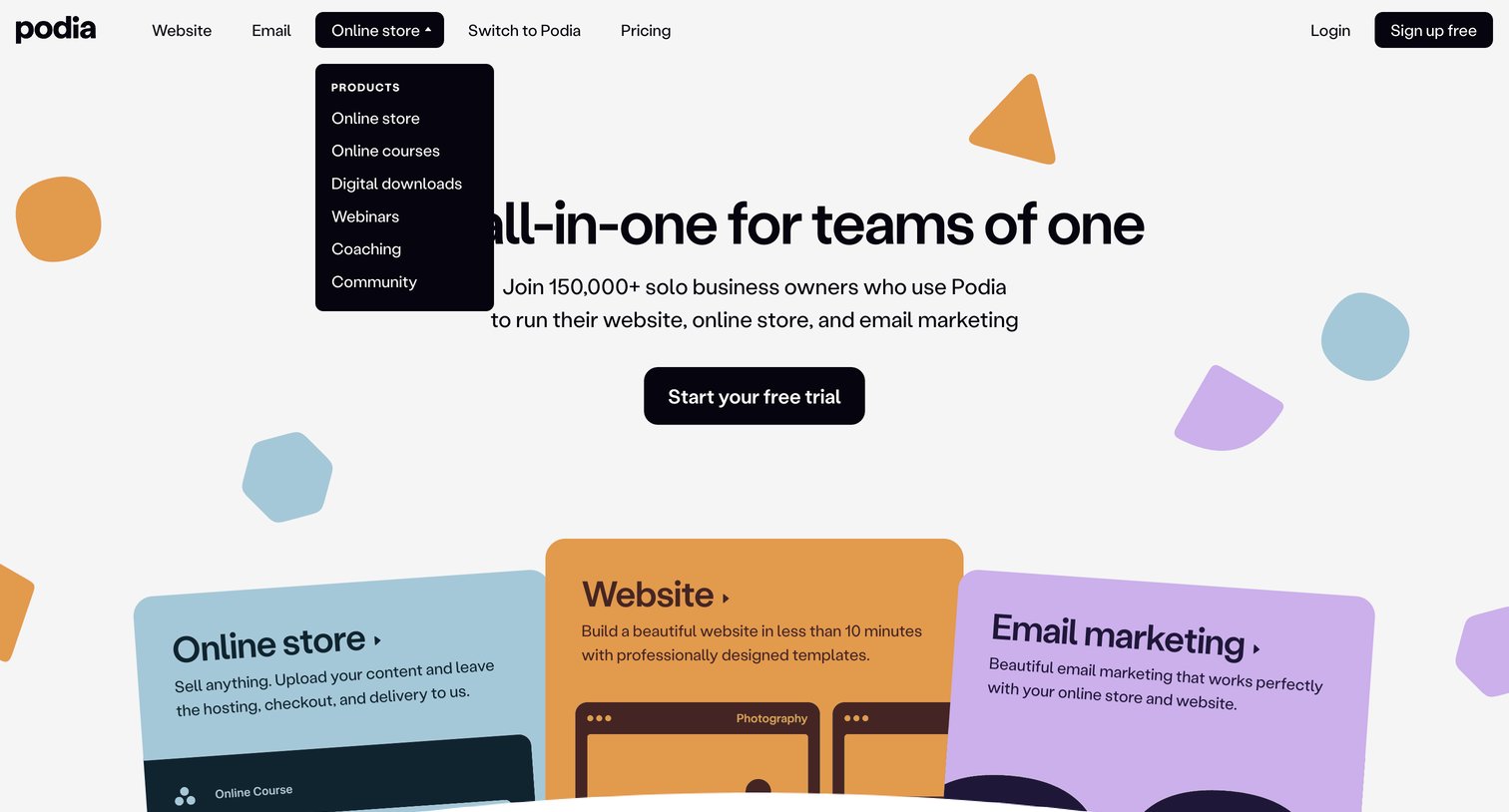 Podia - Your website, products, and email - all on Podia | Podia screen