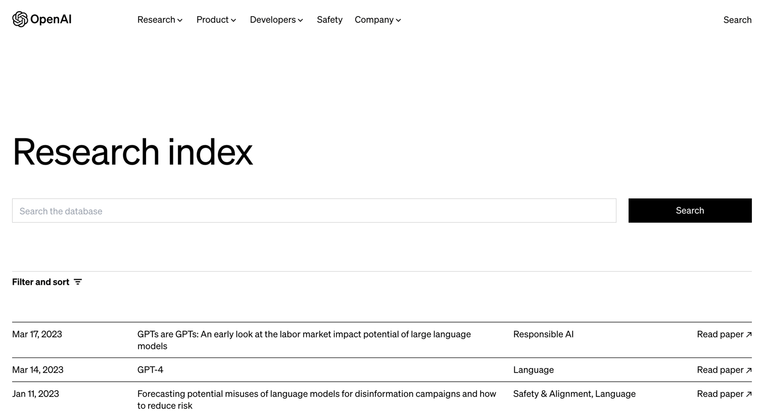 OpenAI - Research index screen