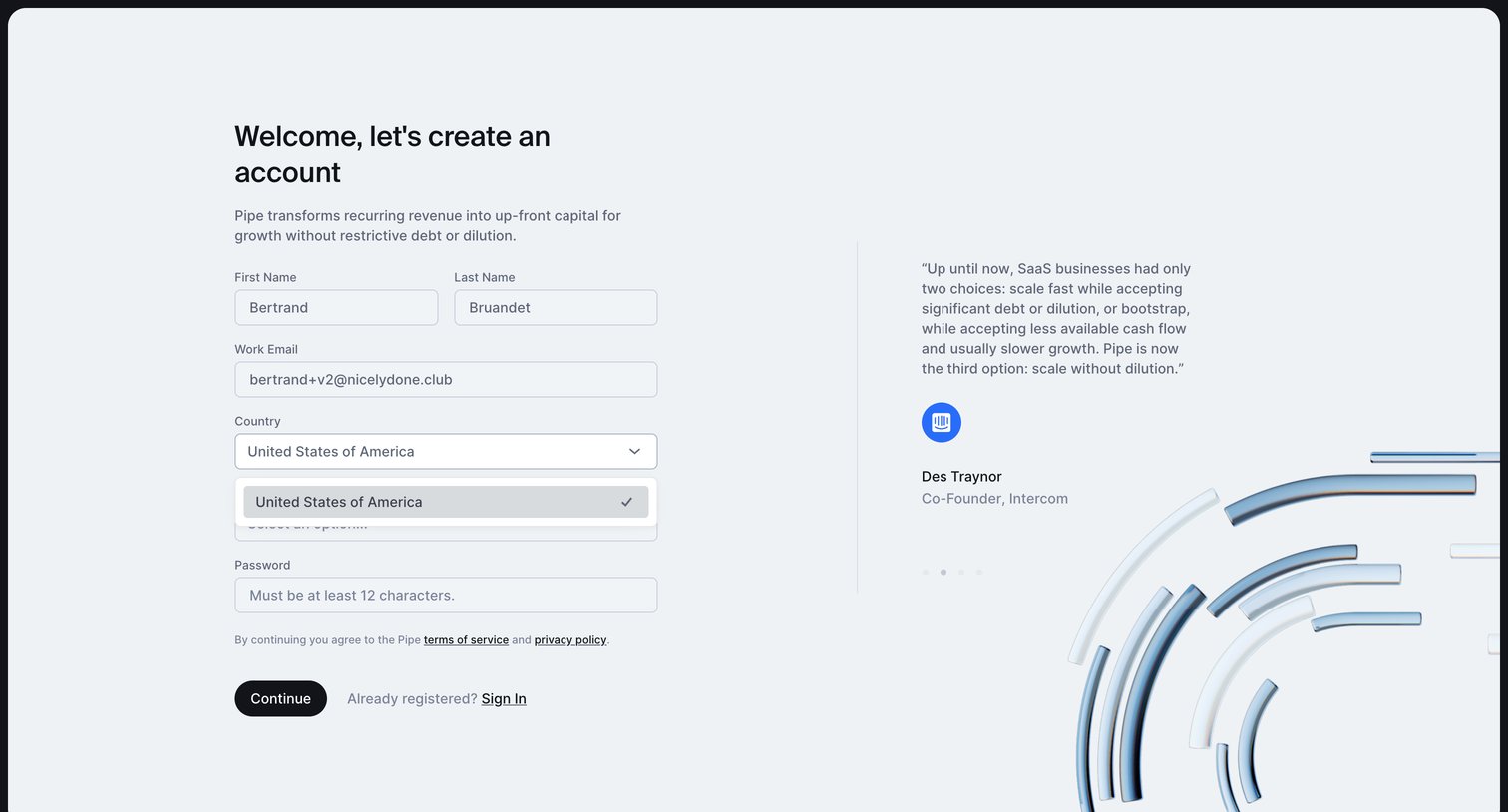 Pipe - Lets create an account screen