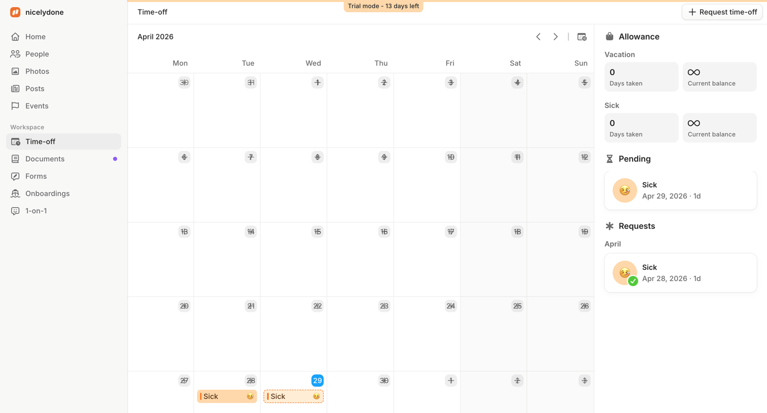 Aboard - April 2026 | Time-off | Aboard screen