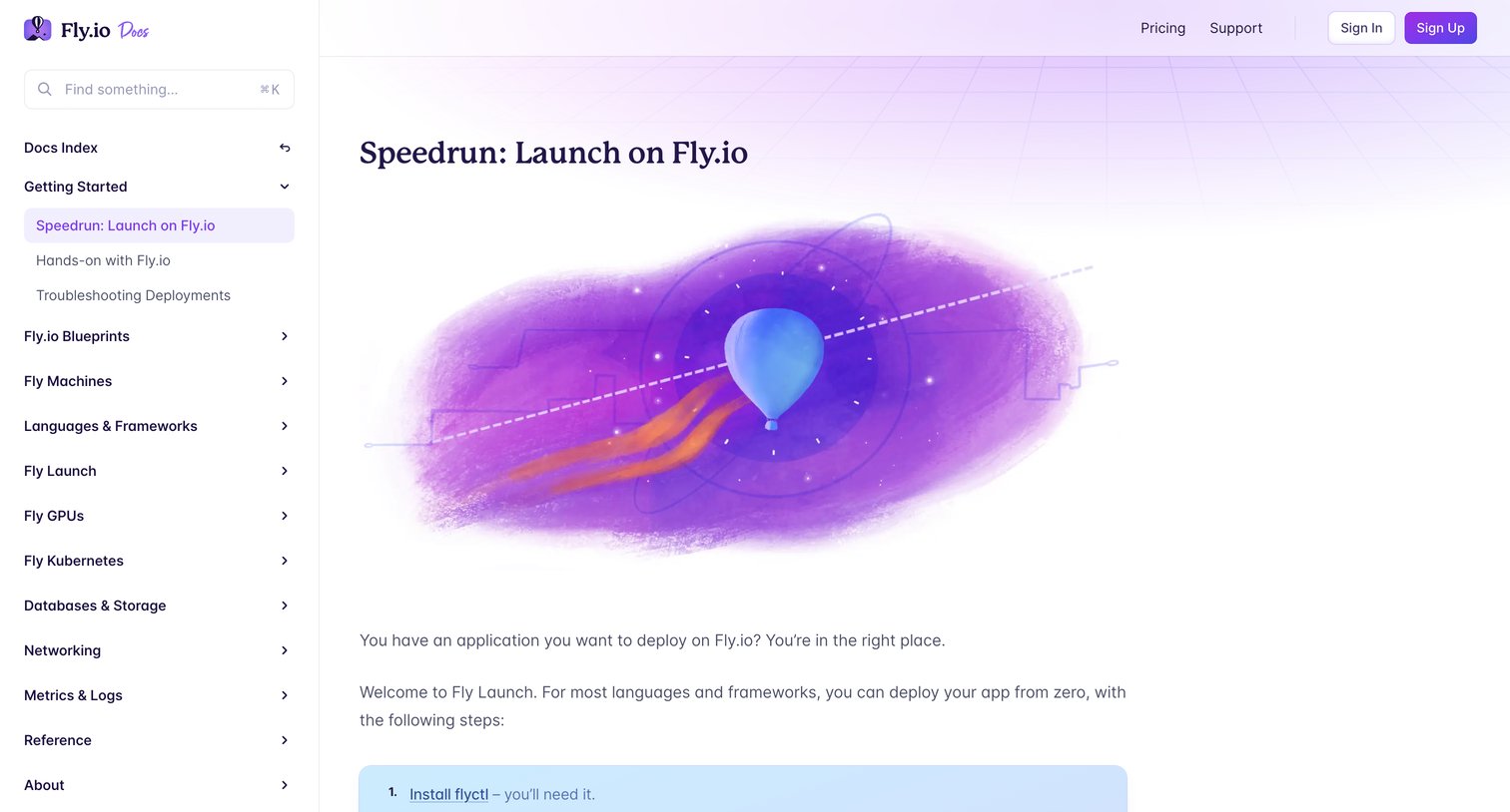Fly - Speedrun Launch on Fly.io · Fly Docs screen