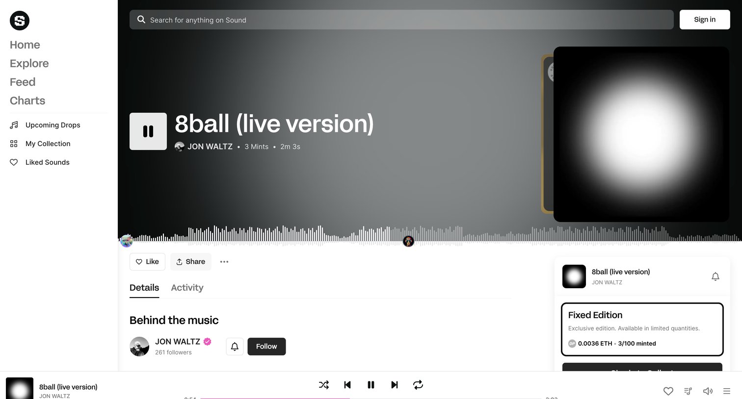 Sound.xyz - 8ball live version • JON WALTZ screen