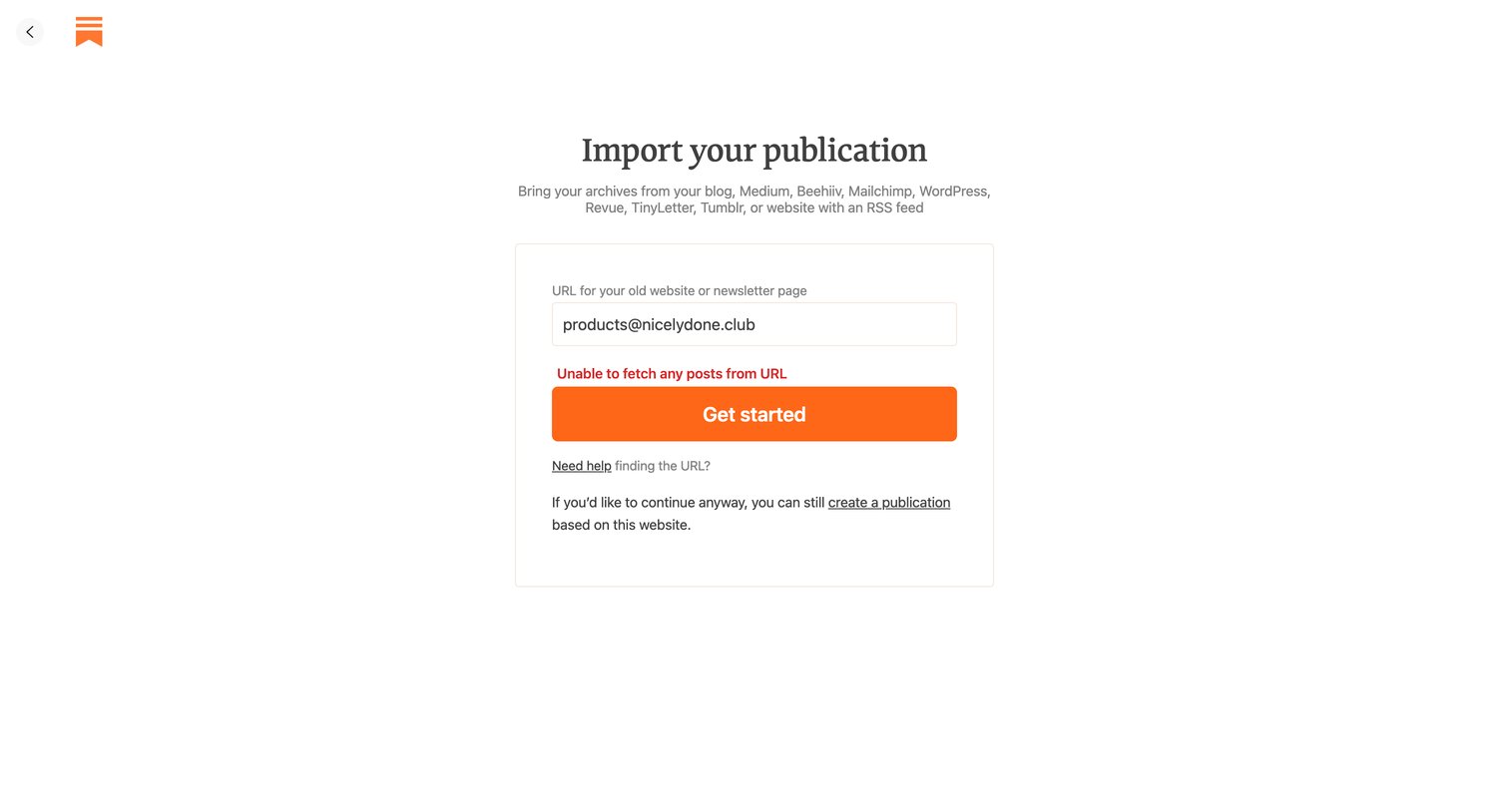 Substack - Import your publication screen