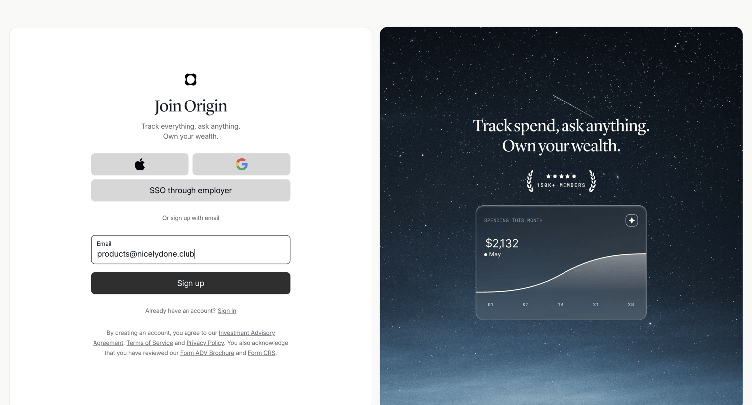 Origin Financial screen