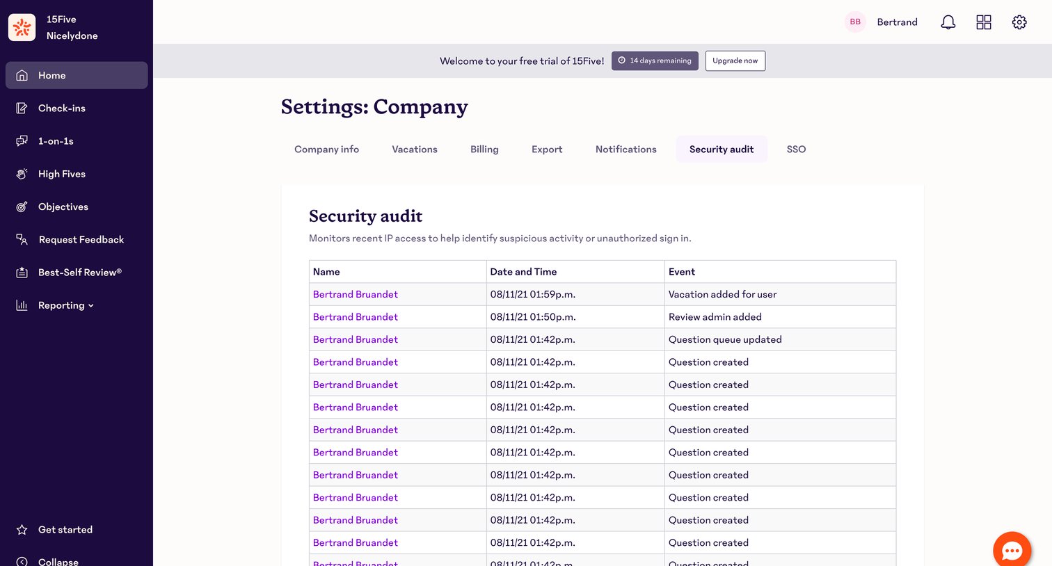 15Five - Security audit · Company · 15Five screen