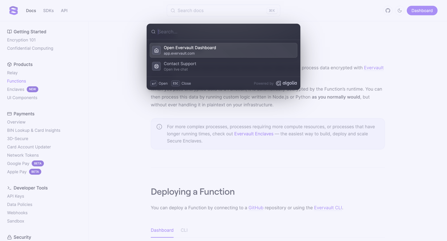 Evervault - Functions - Docs screen