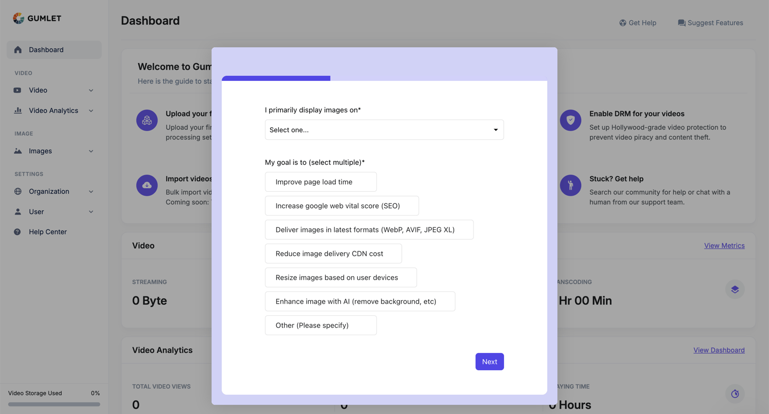 Gumlet - Dashboard - Gumlet screen