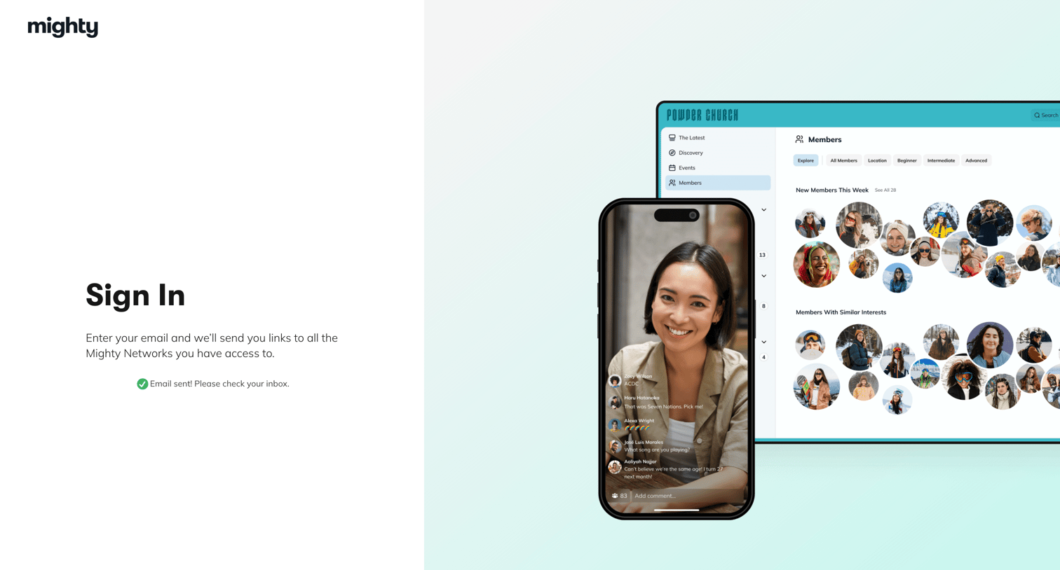 Mighty - Mighty Networks: Sign in to your Mighty Network screen