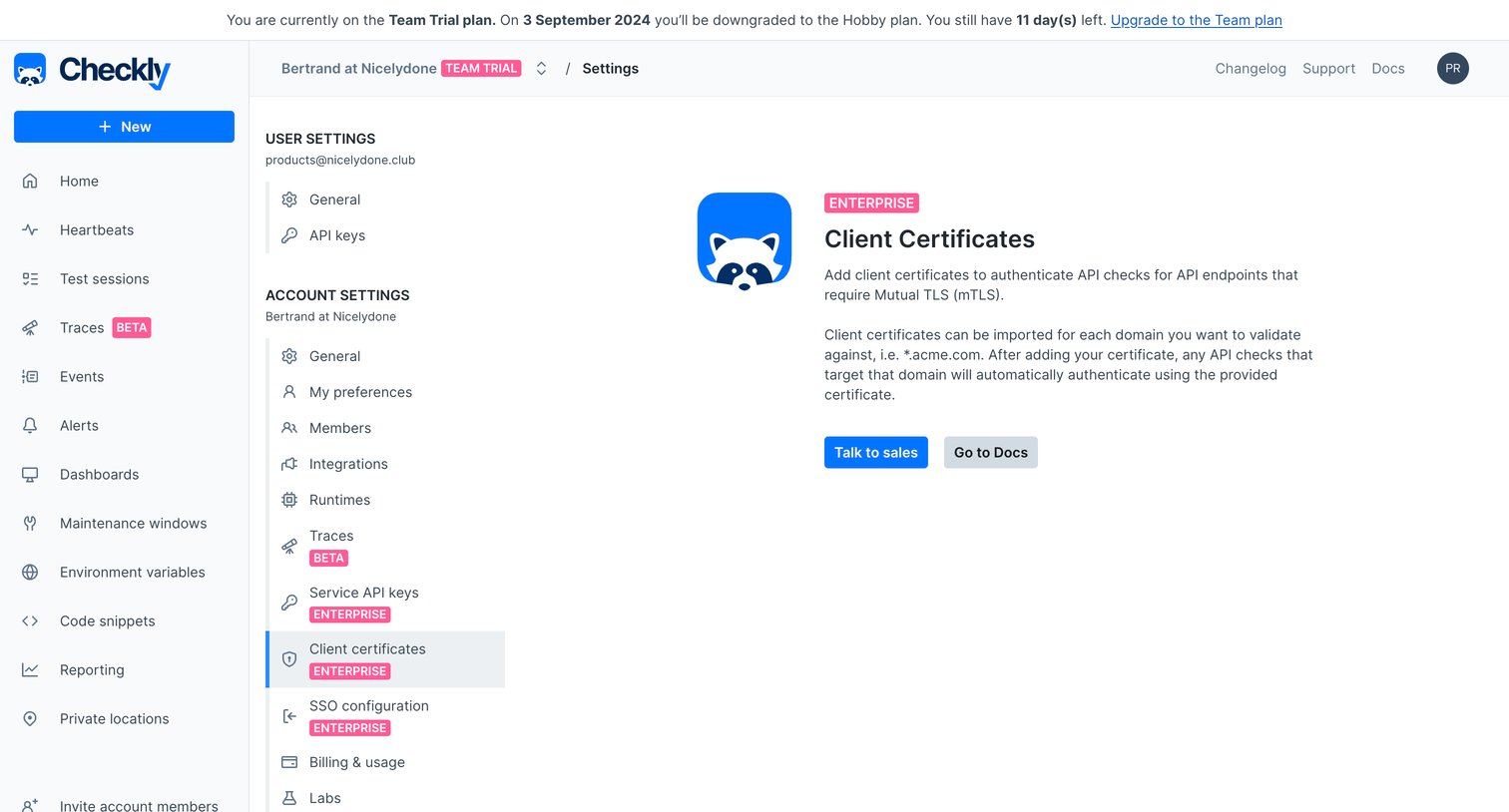 Checkly - Account | Client Certificates screen