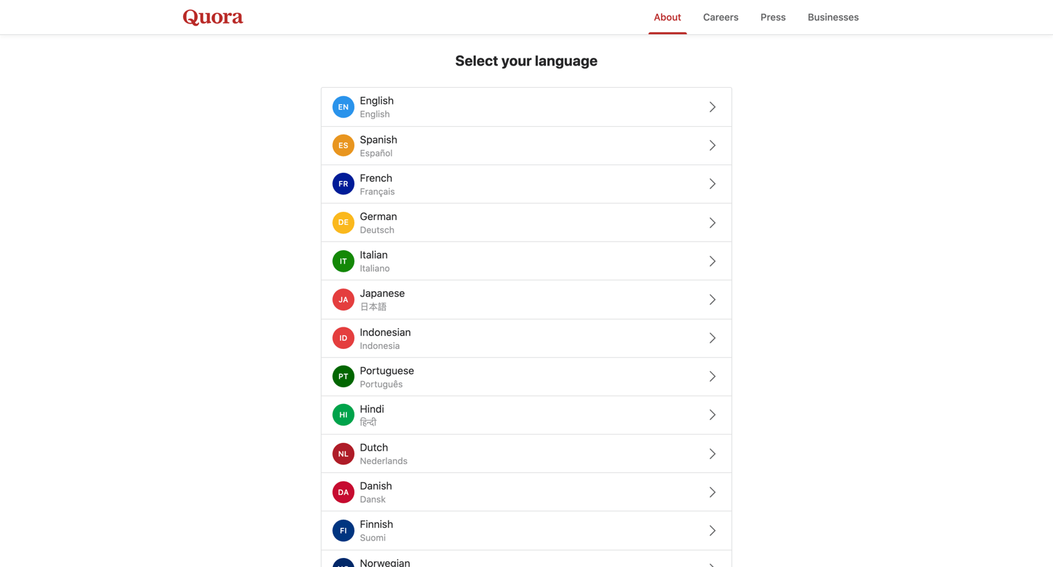 Quora - Languages screen