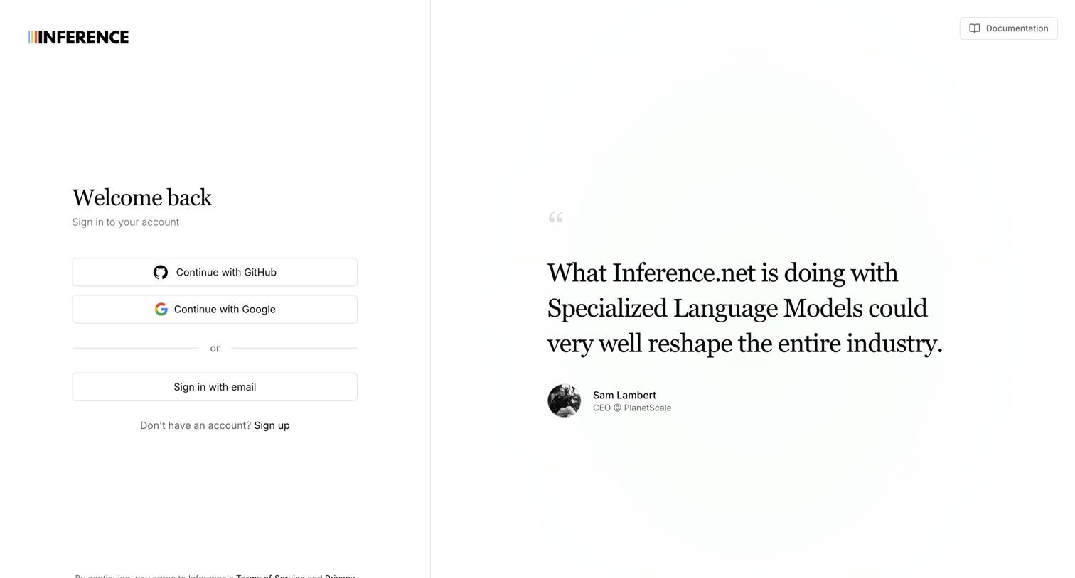 Inference - Sign In | Inference.net screen