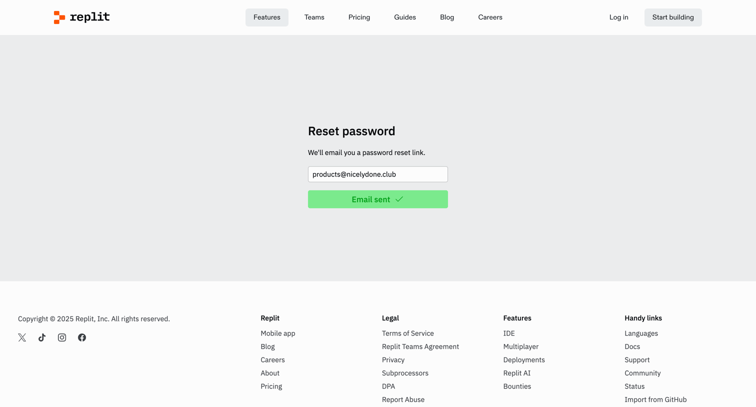 Replit - Forgot Password - Replit screen
