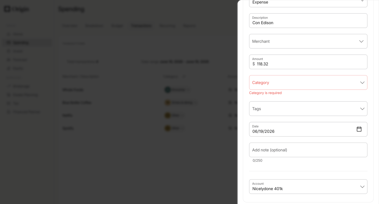 Origin Financial screen