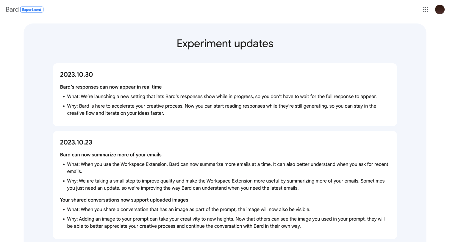 Bard - Bards Latest AI Capability Updates | Improvements - Bard screen