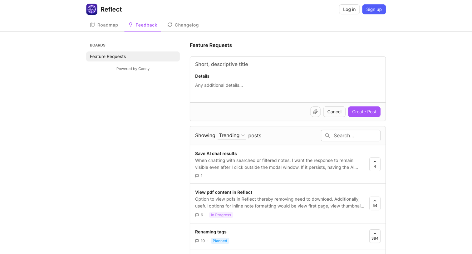 Reflect - Feature Requests | Reflect screen