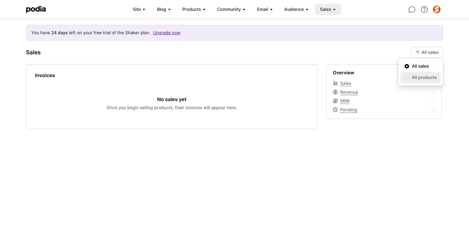 Podia - Podia Sales screen