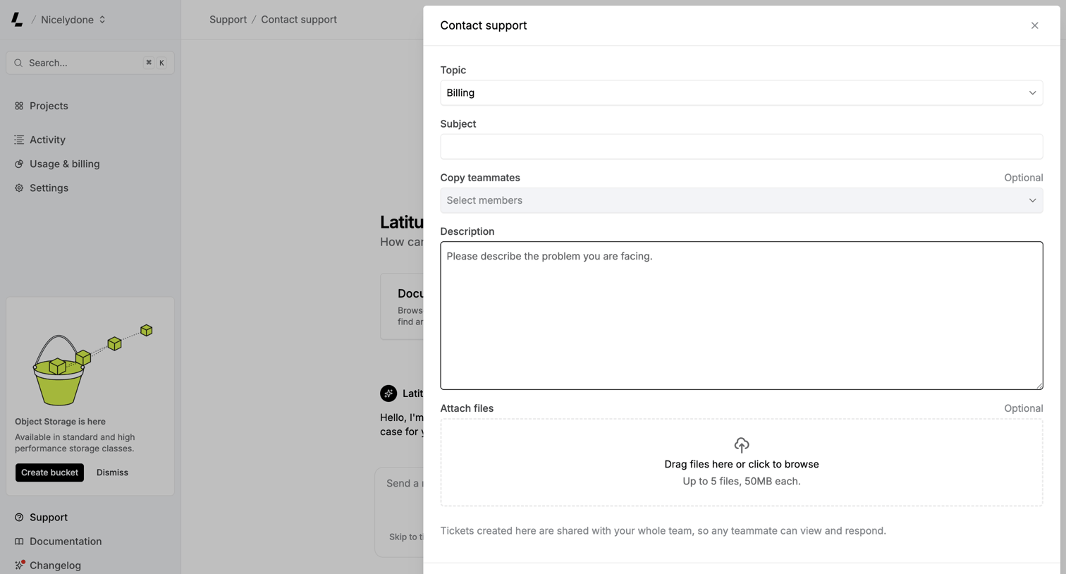 Latitude.sh - Contact support – Dashboard - Latitude.sh screen