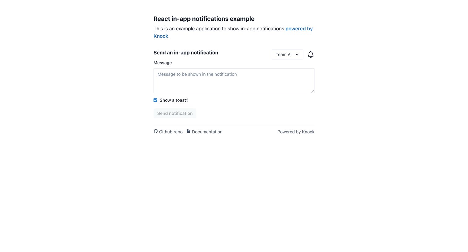 Knock - React in-app notifications example | Powered by Knock screen