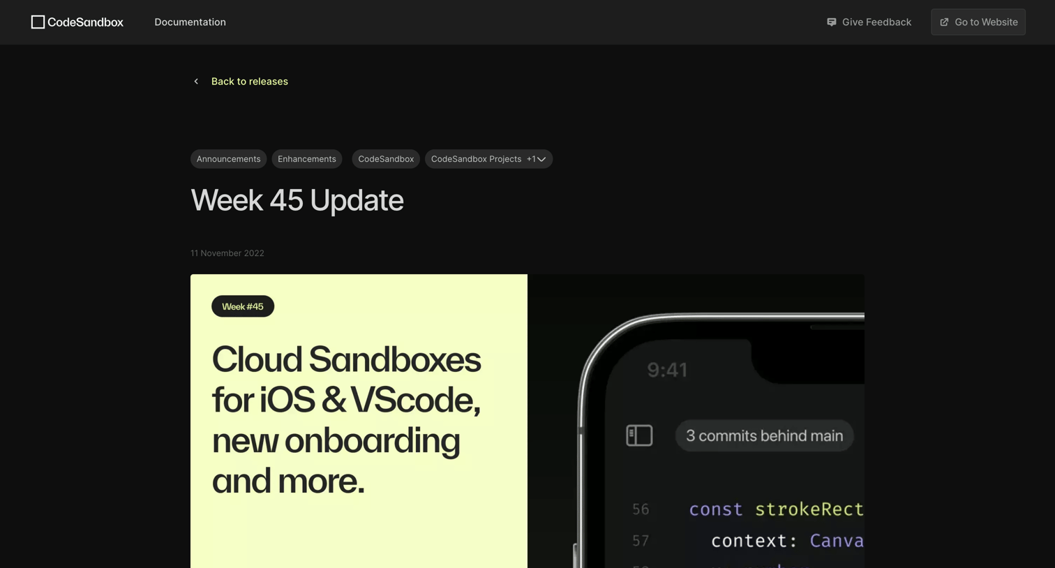CodeSandbox - Week 45 Update screen