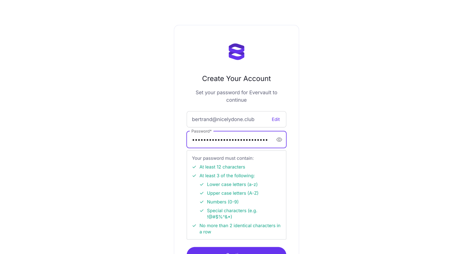 Evervault - Create a password to sign up | Evervault screen