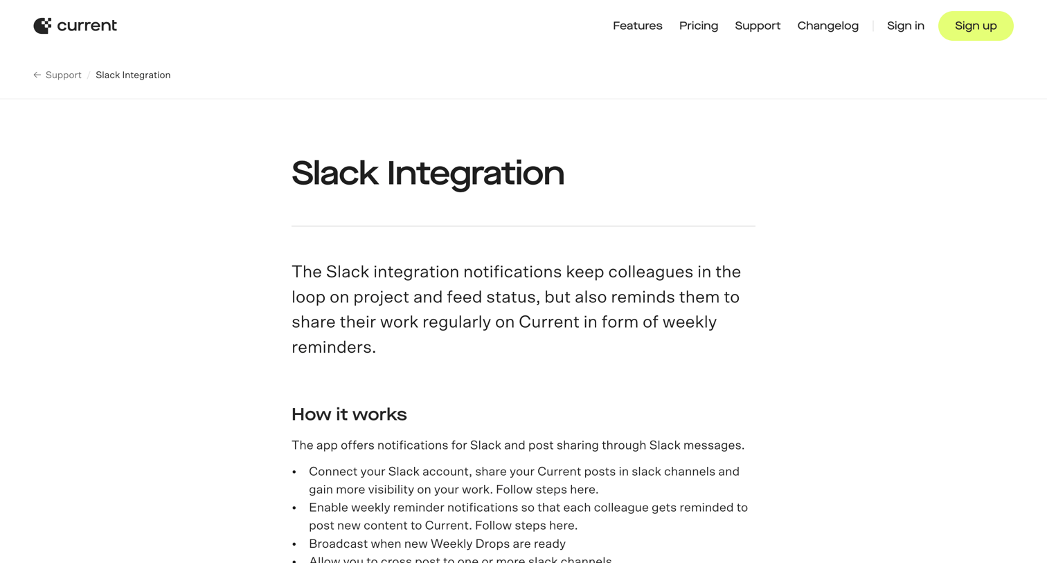 Current - Current - Slack Integration screen
