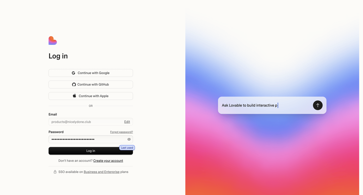 Lovable - Login screen