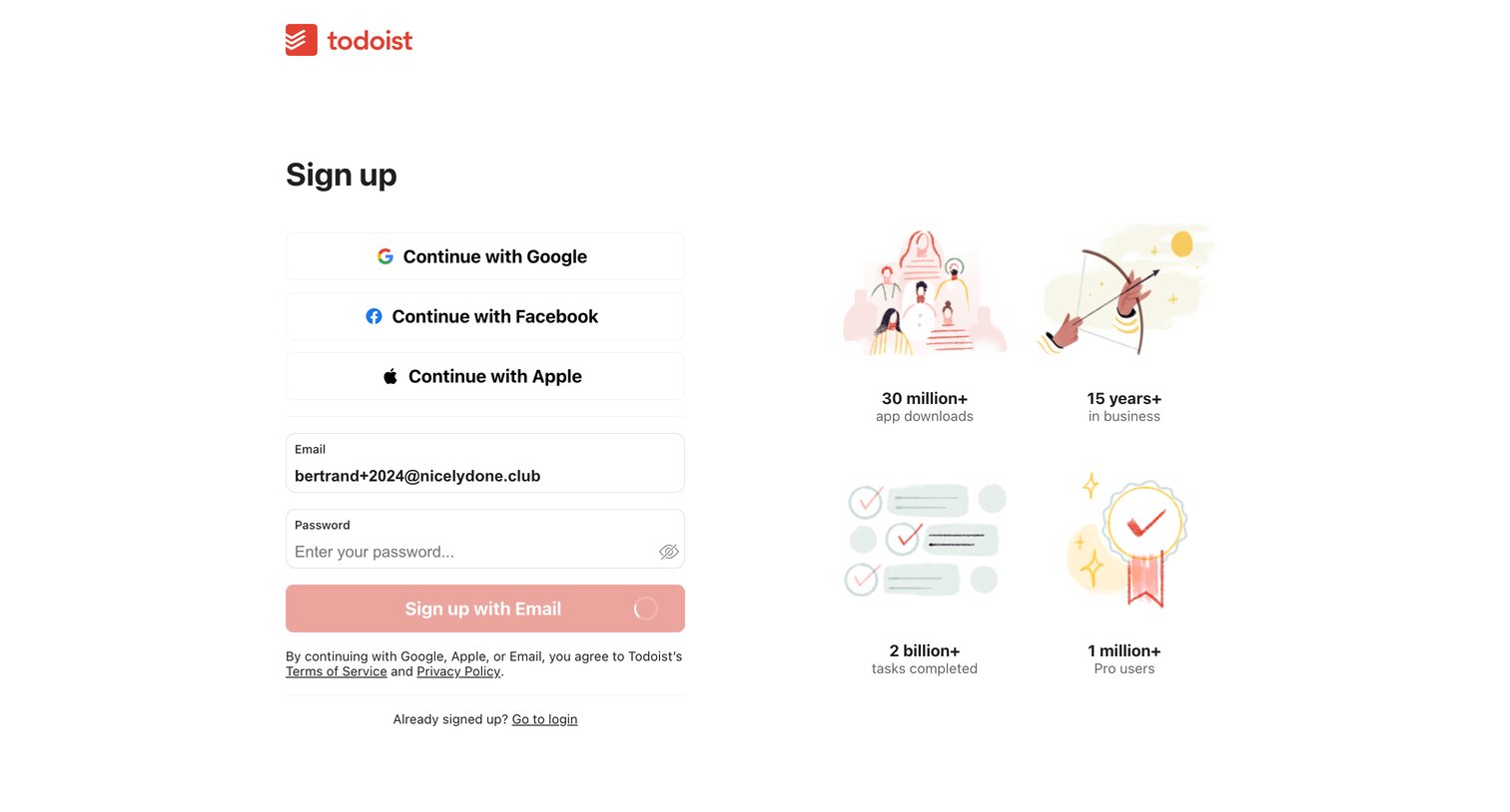 Todoist - Sign up for a free Todoist account screen