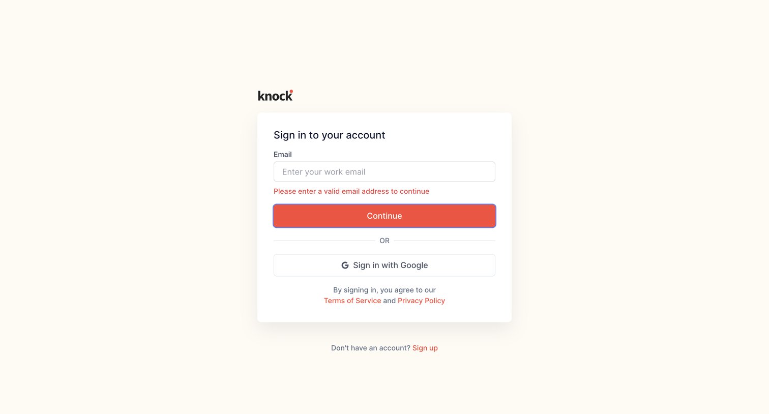 Knock - Log in | Knock screen