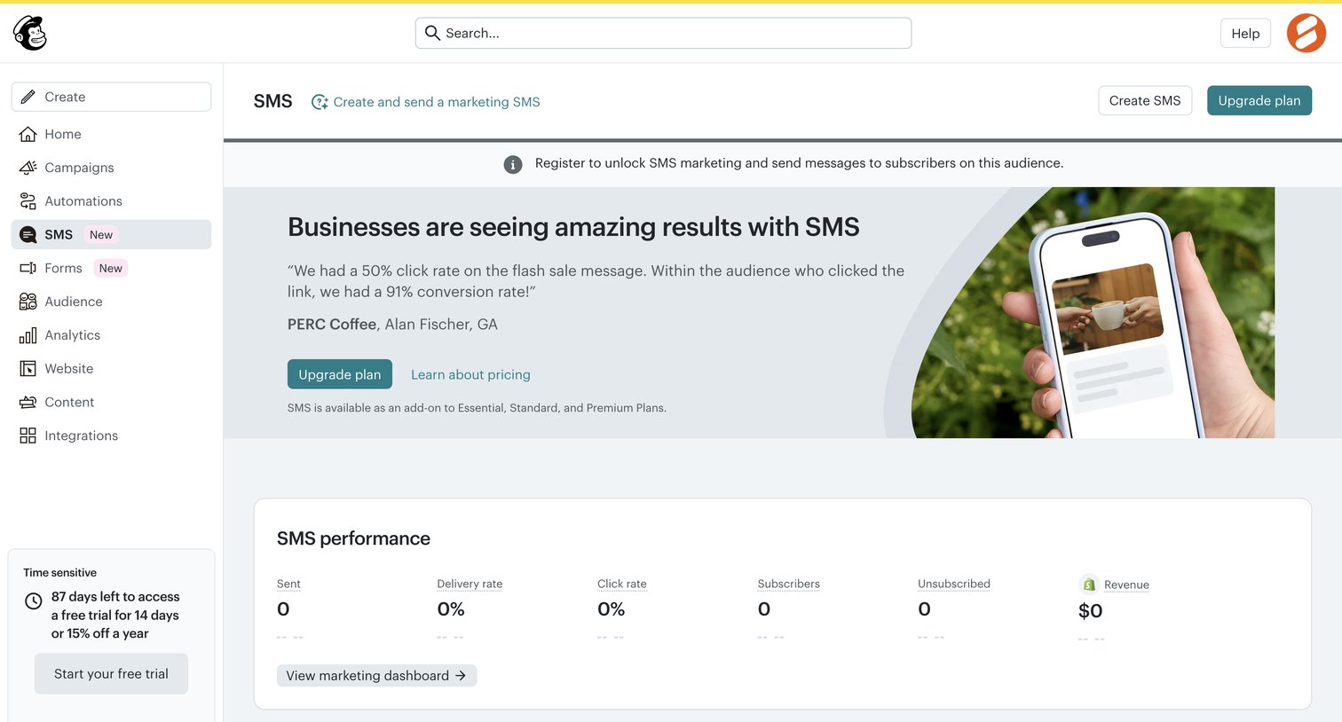 Mailchimp - SMS | Mailchimp screen