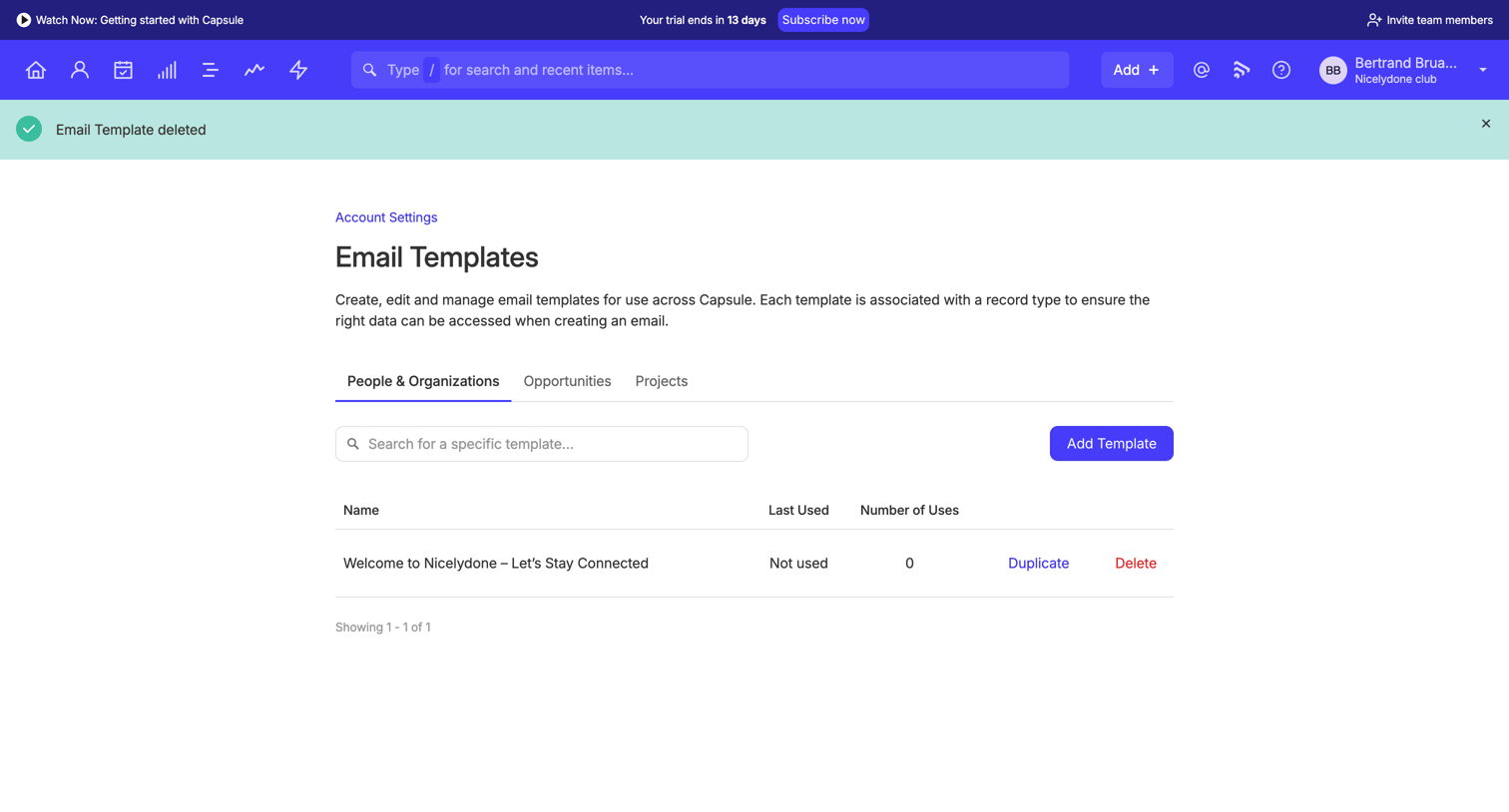 Capsule - Email Templates | Nicelydone club CRM screen