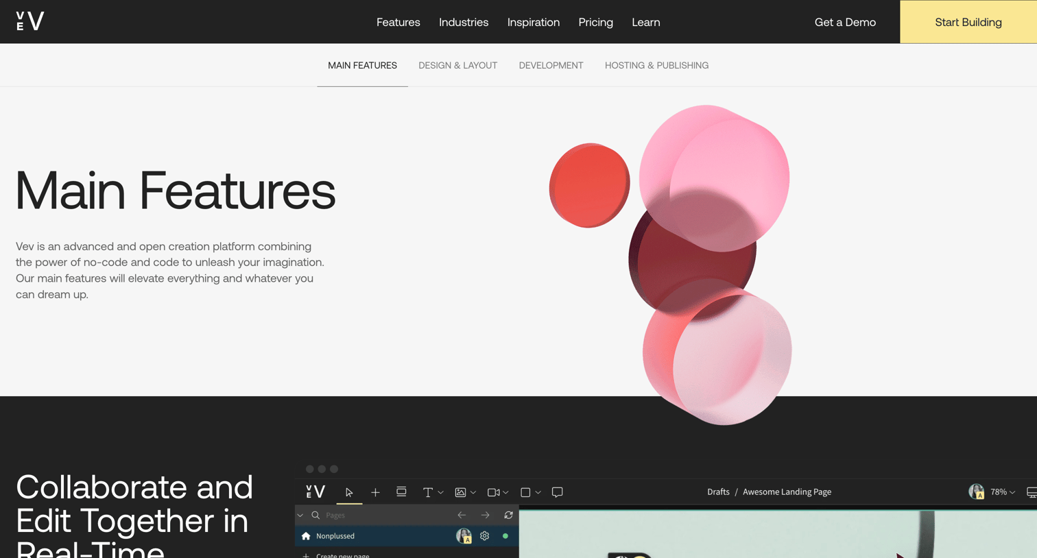Vev - Features Main features screen