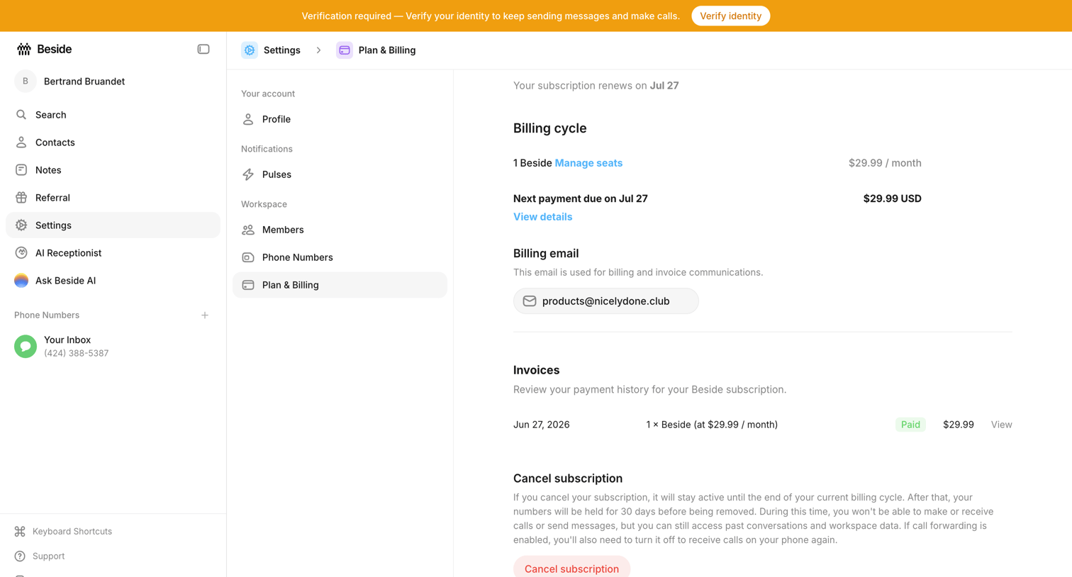 Beside - Plan & Billing - Settings - Beside screen