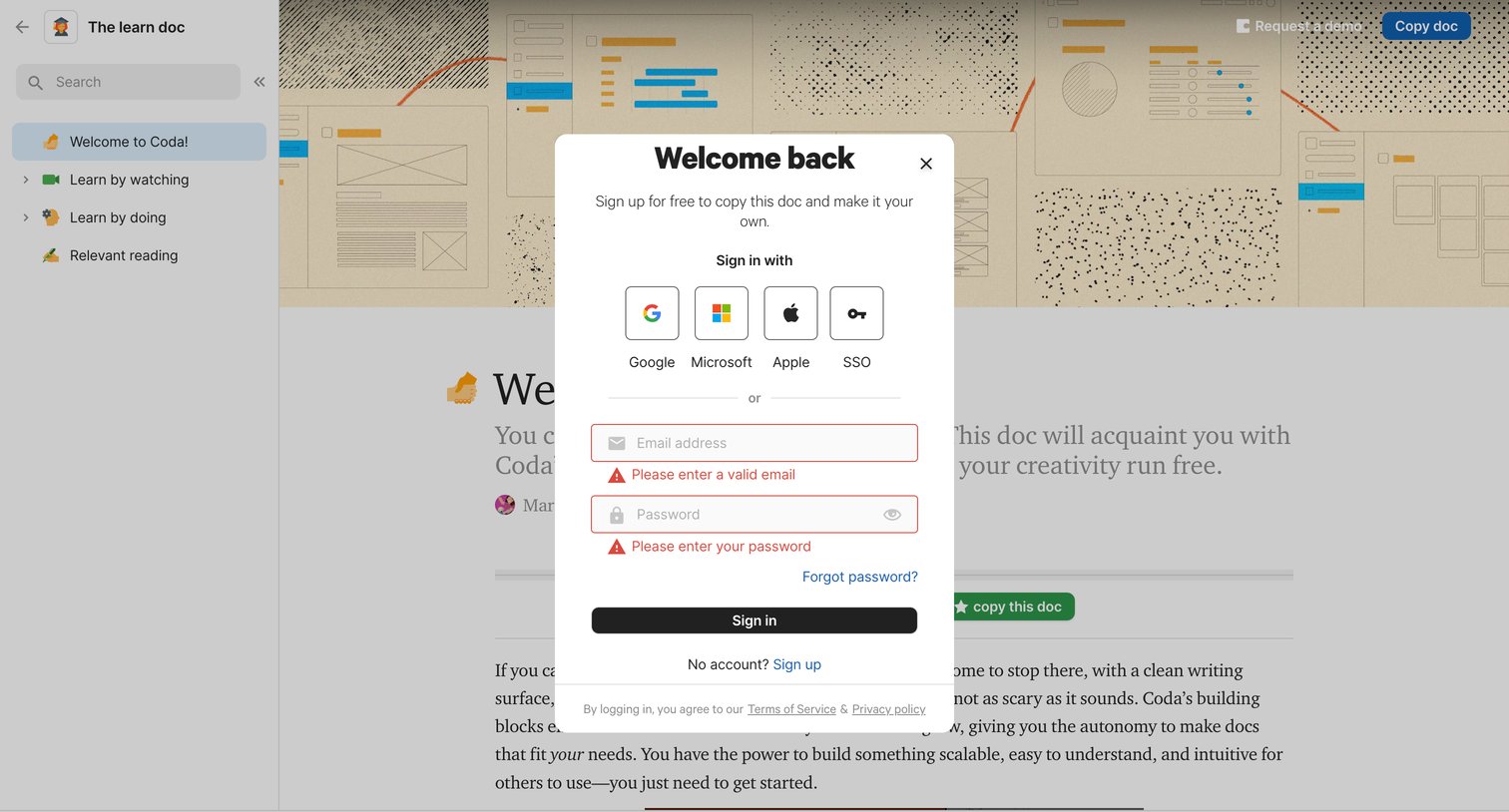 Coda - Learn Coda, the Coda learning doc, Coda tutorial - Coda screen