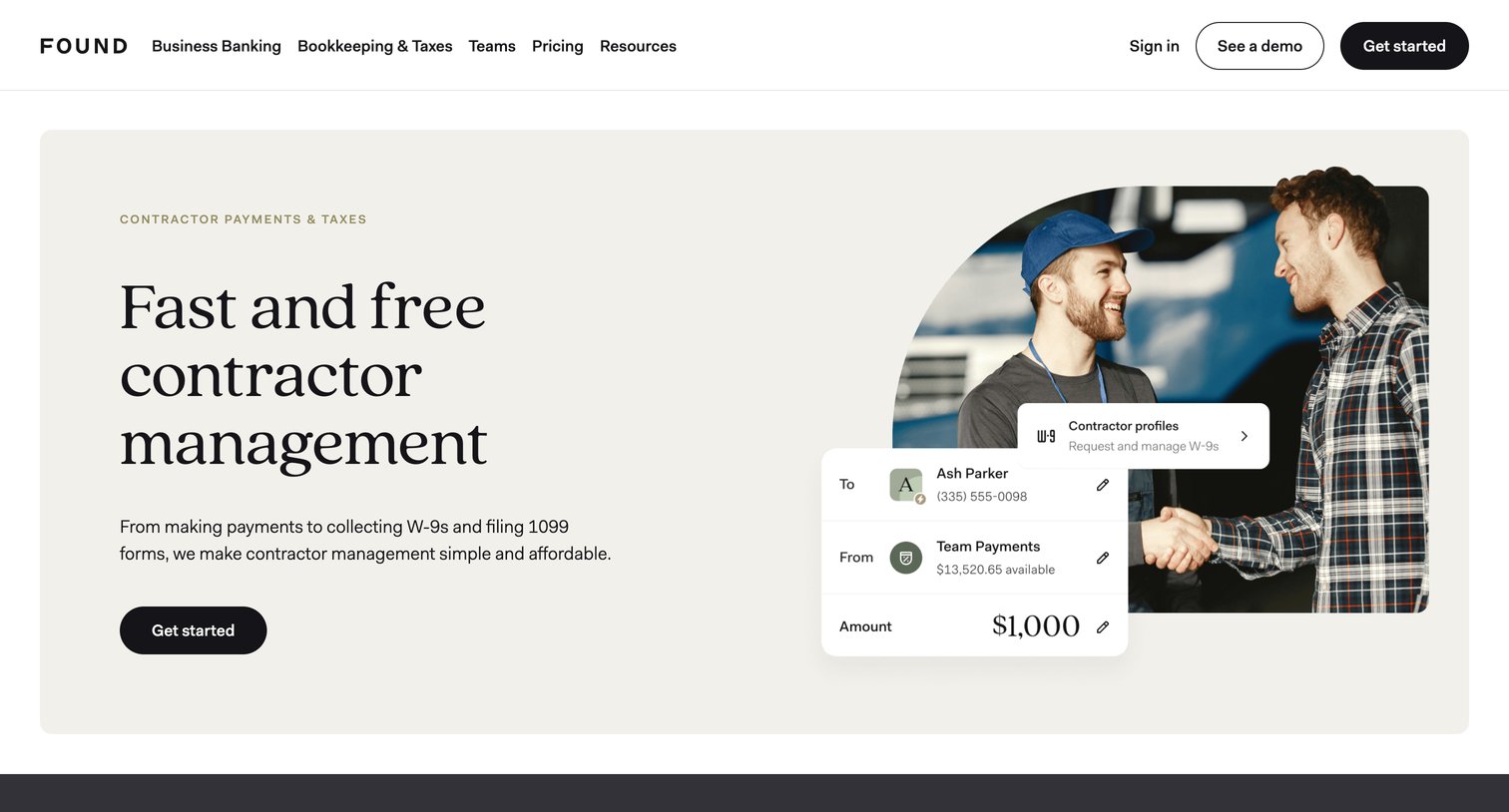 Found - Found  Easily onboard, pay, and manage contractors—for free. Found is your one-stop-shop for banking, bookkeeping, taxes, and m screen