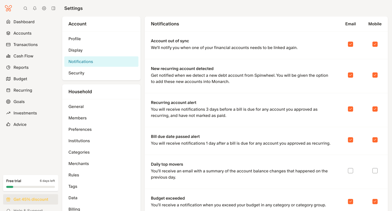 Monarch - Notification Settings screen