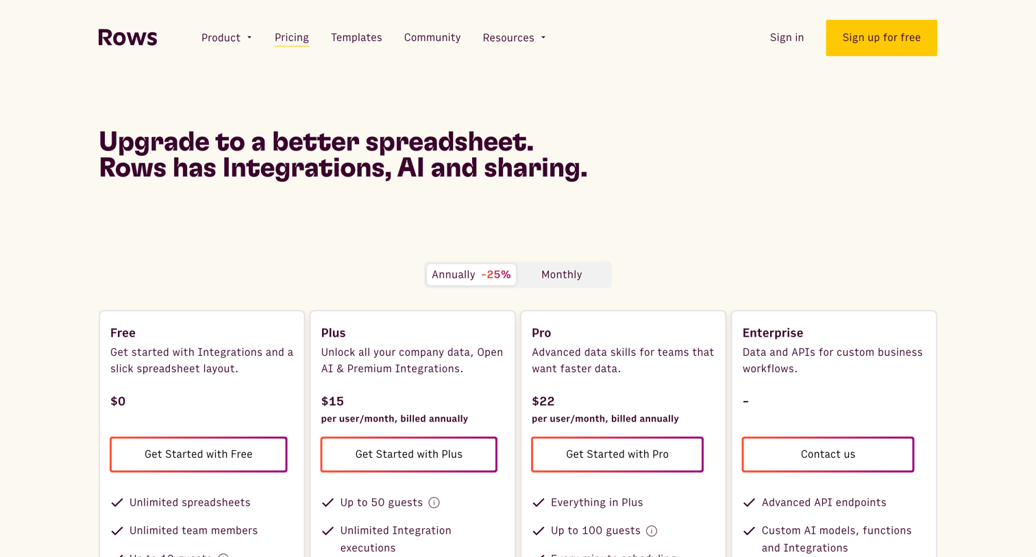 Rows - Rows Pricing Plans Free, Plus, Pro and Enterprise screen