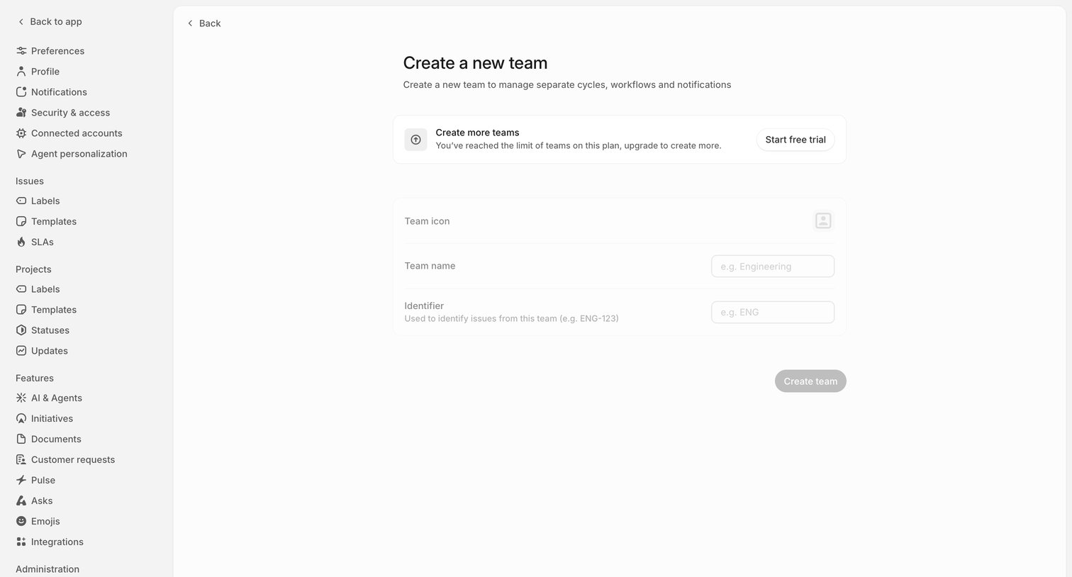 Linear - Create a new team screen