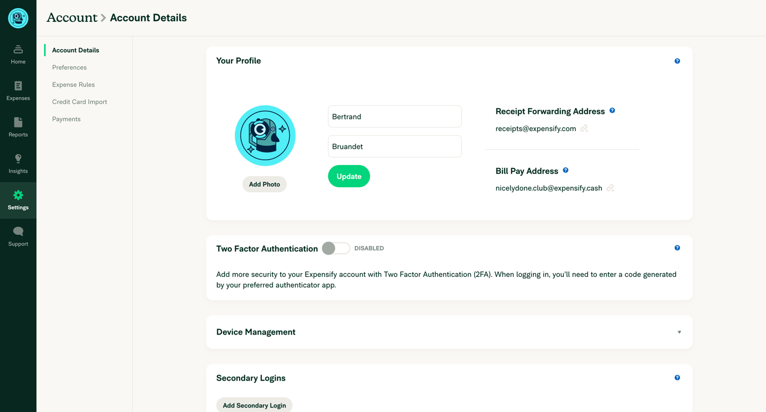 Expensify - Expensify - Settings - Account screen