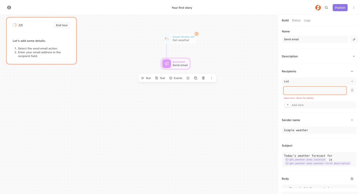 Tines - Your first story - Tines screen