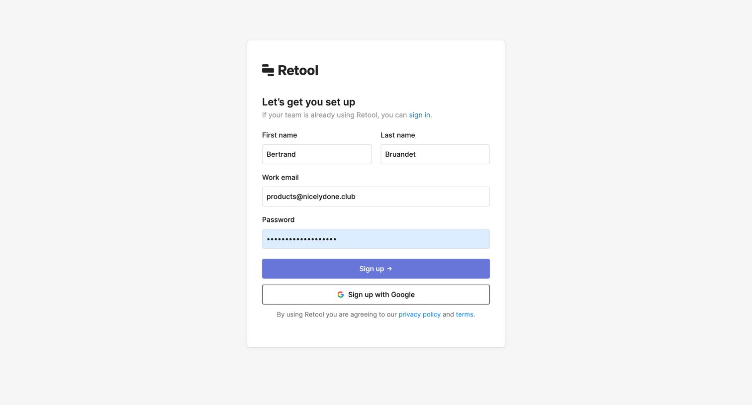 Retool - Sign up | Retool screen