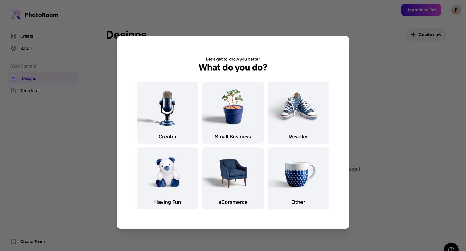 Photoroom - Your Content - Designs - PhotoRoom screen