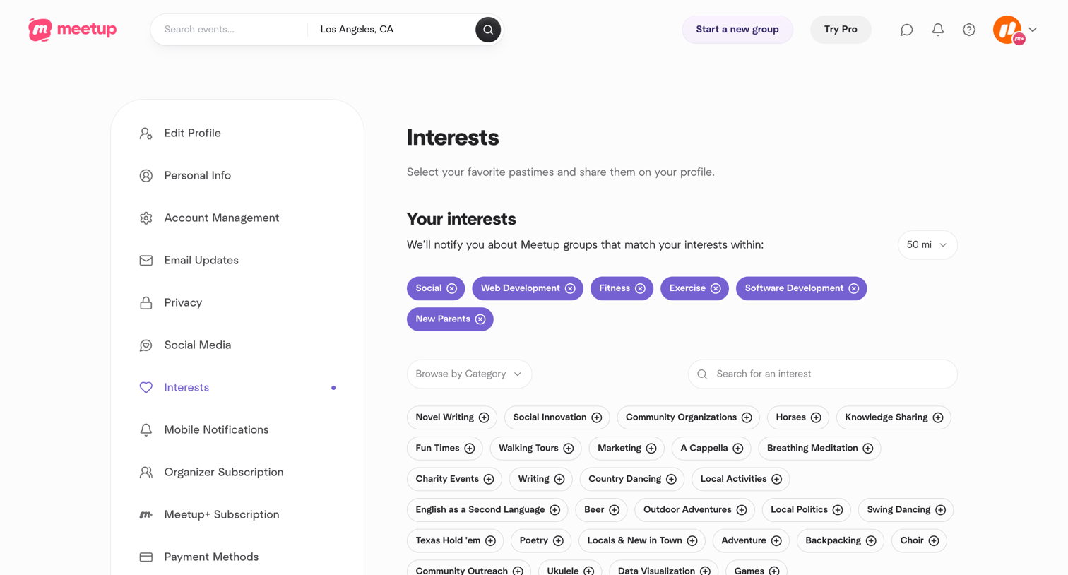 Meetup - Interests screen