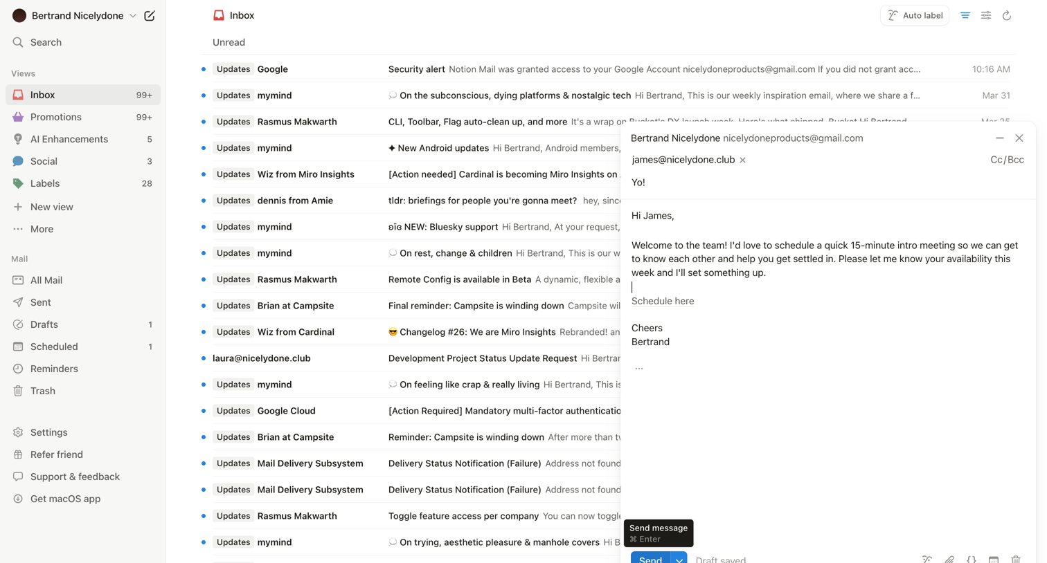 Notion Mail - 99+ • Inbox • nicelydoneproducts@gmail.com • Notion Mail screen