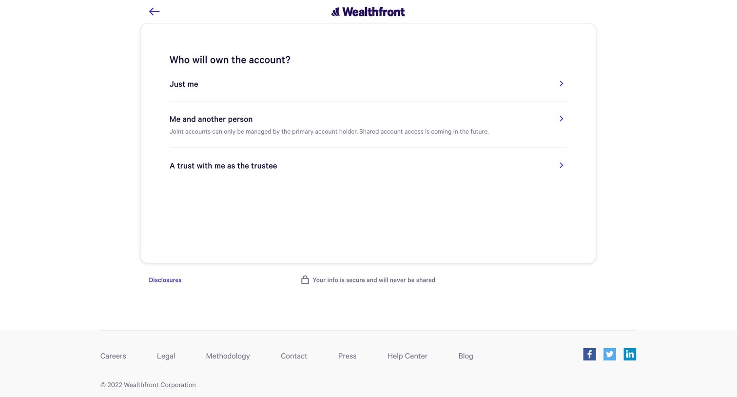 Wealthfront - Account Ownership - Account Type - Open Account - Wealthfront screen