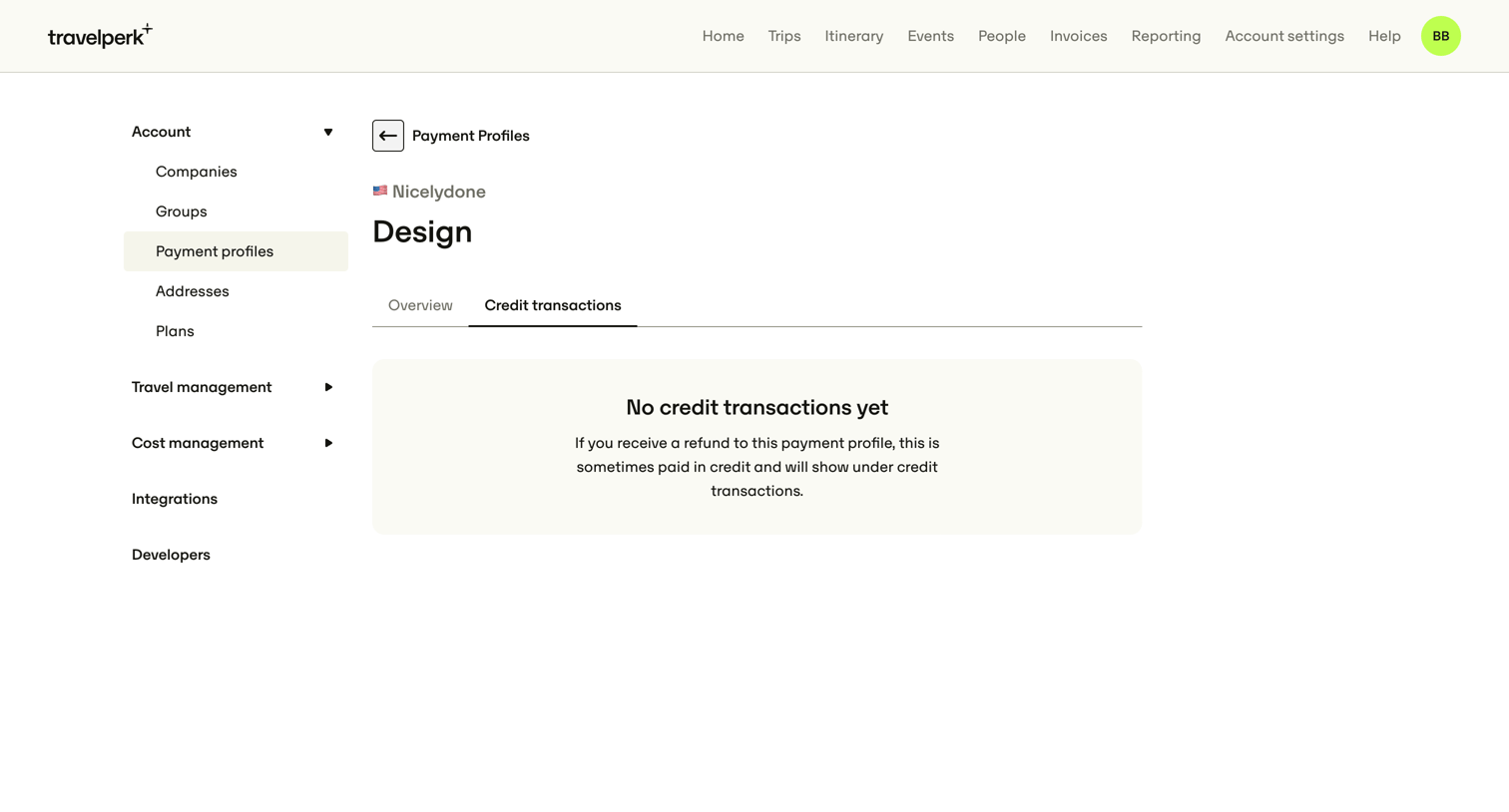 Travelperk - Account settings for Nicelydone — TravelPerk screen